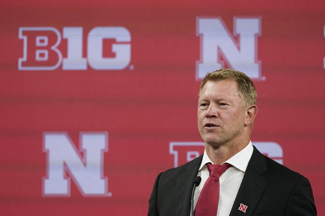 Nebraska head coach Scott Frost talks to reporters during an NCAA college football news conference ...