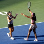 
              Coco Gauff, right, and Jessica Pegula, both of the United States, react after defeating Nicole Melichar-Martinez, also of the United States and Ellen Perez, of Australia, in the doubles final at the National Bank Open tennis tournament in Toronto, Sunday, Aug. 14, 2022. (Nathan Denette/The Canadian Press via AP)
            