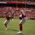 
              Kansas City Chiefs tight end Jody Fortson (88) celebrates after catching a touchdown pass as teammate Clyde Edwards-Helaire, left, watches during the first half of an NFL preseason football game against the Washington Commanders Saturday, Aug. 20, 2022, in Kansas City, Mo. (AP Photo/Charlie Riedel)
            
