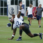 
              FILE - Tennessee Titans running back Derrick Henry (22) stretches during NFL football training camp July 27, 2022, in Nashville, Tenn. The NFL essentially is back to normal going into its third season dealing with COVID-19. All the protocols devised and tweaked by the league and the NFL Players Association that all 32 teams followed through 2020 and 2021 were suspended last March, with the NFL citing trends showing the spread of the coronavirus declining. (AP Photo/Mark Humphrey, File)
            