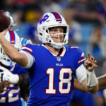 
              Buffalo Bills quarterback Case Keenum passes against the Carolina Panthers during the first half of an NFL preseason football game on Friday, Aug. 26, 2022, in Charlotte, N.C. (AP Photo/Jacob Kupferman)
            