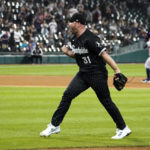 
              Chicago White Sox relief pitcher Liam Hendriks celebrates the team's 4-2 win over the Houston Astros in a baseball game Monday, Aug. 15, 2022, in Chicago. (AP Photo/Charles Rex Arbogast)
            