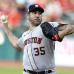 
              Houston Astros starting pitcher Justin Verlander delivers against the Cleveland Guardians during the first inning of a baseball game Thursday, Aug. 4, 2022, in Cleveland. (AP Photo/Ron Schwane)
            