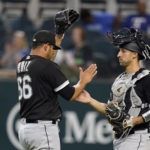 
              Chicago White Sox catcher Seby Zavala, right, congratulates closing pitcher Jose Ruiz (66) after the final out of the ninth inning of a baseball game against the Texas Rangers in Arlington, Texas, Sunday, Aug. 7, 2022. The White Sox won 8-2. (AP Photo/LM Otero)
            