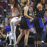 
              Connecticut Sun forward Jonquel Jones (35) celebrates after being fouled on a basket in Game 2 of a WNBA basketball first-round playoff series, Sunday, Aug. 21, 2022, in Uncasville, Conn. (Sean D. Elliot/The Day via AP)
            