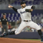 
              Miami Marlins starting pitcher Pablo Lopez aims a pitch during the first inning of a baseball game against the Los Angeles Dodgers, Monday, Aug. 29, 2022, in Miami. (AP Photo/Marta Lavandier)
            