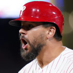 
              Philadelphia Phillies' Kyle Schwarber reacts after hitting a run-scoring single against Miami Marlins pitcher Sandy Alcantara during the eighth inning of a baseball game, Wednesday, Aug. 10, 2022, in Philadelphia. (AP Photo/Matt Slocum)
            