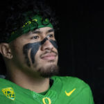 
              FILE - Oregon linebacker Noah Sewell (1) waits to enter the field before an NCAA college football game in Eugene, Ore., Saturday, Nov. 27, 2021. Sewell was named to the Associated Press preseason All-America team, Monday, Aug. 22, 2022.(AP Photo/Andy Nelson, File)
            