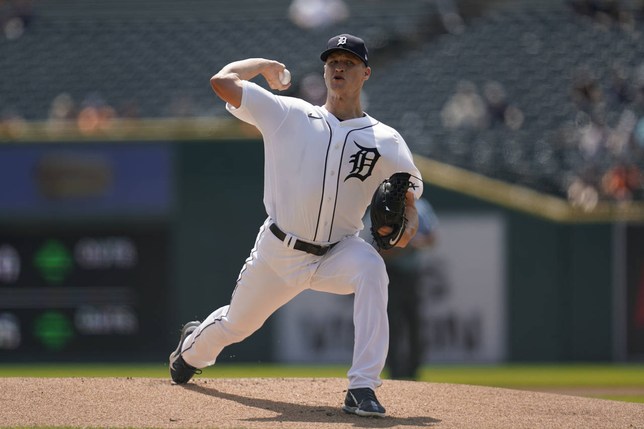 Detroit Tigers pitcher Matt Manning throws against the San Francisco Giants in the first inning of ...