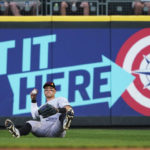 
              New York Yankees right fielder Aaron Judge returns the ball after making a diving catch of a line drive hit by Seattle Mariners' Ty France during the first inning of a baseball game Tuesday, Aug. 9, 2022, in Seattle. (AP Photo/Ted S. Warren)
            