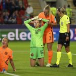 
              FILE - Netherlands' goalkeeper Daphne van Domselaar, center, and her teammates react after France's Grace Geyoro failed to score during the Women Euro 2022 quarterfinals soccer match between France and the Netherlands at the New York Stadium in Rotherham, England, Saturday, July 23, 2022. (AP Photo/Jon Super, File)
            