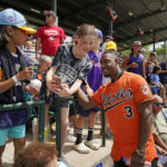 
              Baltimore Orioles' Jorge Mateo (3) poses for a photo during a visit to the Little League World Series in South Williamsport, Pa., Sunday, Aug. 21, 2022. The Orioles play the Boston Red Sox in the Little League Classic on Sunday Night Baseball. (AP Photo/Gene J. Puskar)
            