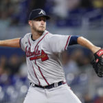 
              Atlanta Braves' Jake Odorizzi delivers a pitch during the first inning of a baseball game against the Miami Marlins, Friday, Aug. 12, 2022, in Miami. (AP Photo/Wilfredo Lee)
            