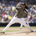 
              San Diego Padres starting pitcher Sean Manaea works against a Washington Nationals batter during the sixth inning of a baseball game Sunday, Aug. 21, 2022, in San Diego. (AP Photo/Gregory Bull)
            