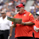 
              Kansas City Chiefs head coach Andy Reid calls a play during the first half of an NFL preseason football game against the Chicago Bears Saturday, Aug. 13, 2022, in Chicago. (AP Photo/David Banks)
            