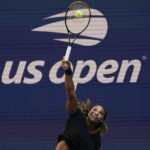 
              Serena Williams practices at Arthur Ashe Stadium before the start of the U.S. Open tennis tournament in New York, Thursday, Aug. 25, 2022. (AP Photo/Seth Wenig)
            
