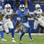 
              Detroit Lions wide receiver Maurice Alexander (15) runs after a catch against the Indianapolis Colts during first half of an NFL preseason football game in Indianapolis, Saturday, Aug. 20, 2022. (AP Photo/Doug McSchooler)
            