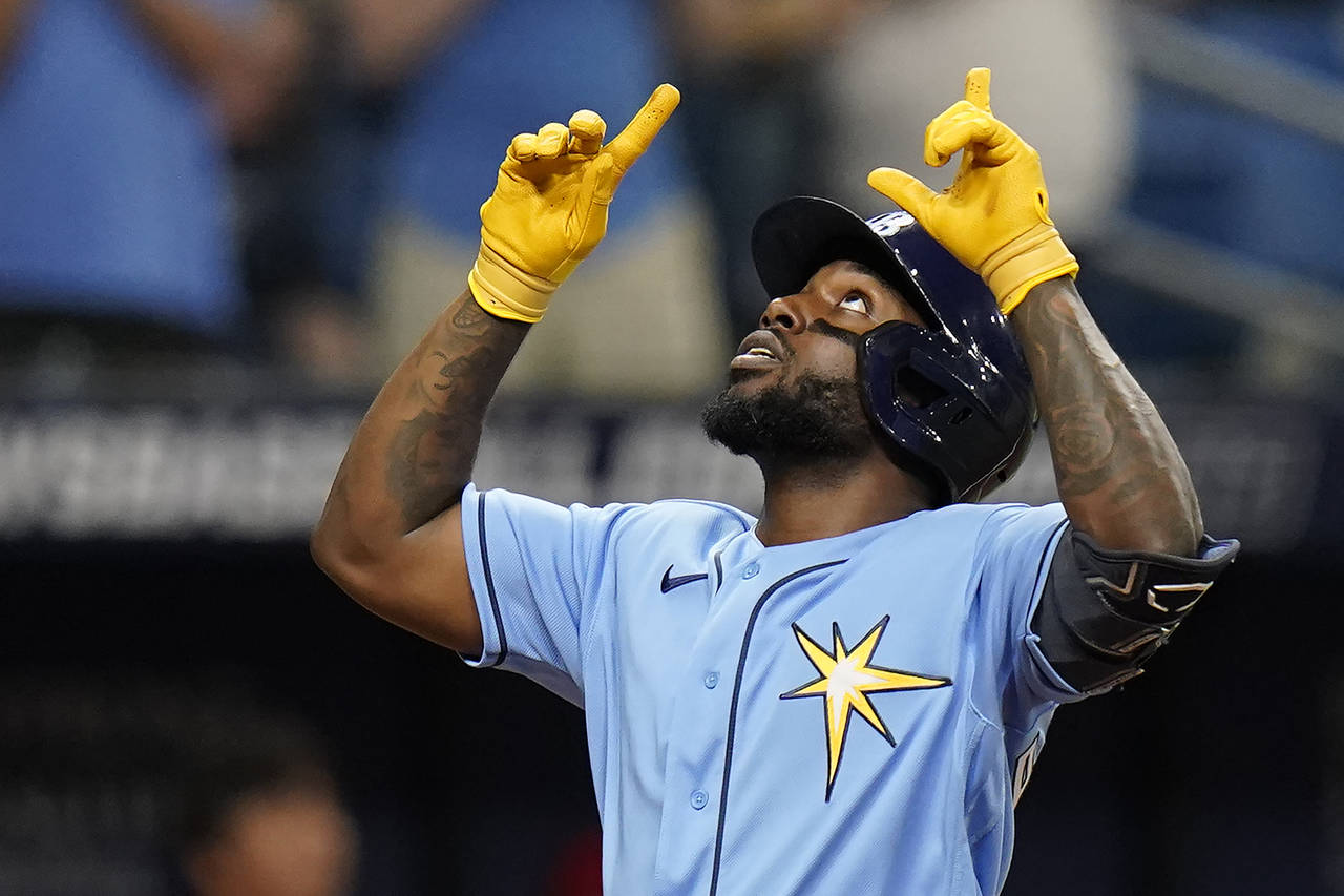Tampa Bay Rays' Randy Arozarena reacts after hitting a solo home run off Los Angeles Angels startin...