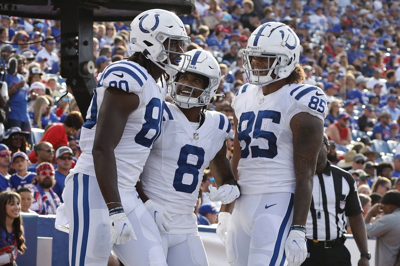 Indianapolis Colts tight end Jelani Woods (80) celebrates his touchdown reception against the Buffa...