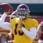 
              FILE - Southern California quarterback Caleb Williams throws during an NCAA college football practice Tuesday, April 5, 2022, in Los Angeles. Williams is a top contender for the 2022 Heisman Trophy. (AP Photo/Marcio Jose Sanchez, File)
            