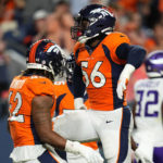 
              Denver Broncos linebacker Baron Browning (56) celebrates his touchdown against the Minnesota Vikings during the first half of an NFL preseason football game, Saturday, Aug. 27, 2022, in Denver. (AP Photo/Jack Dempsey)
            