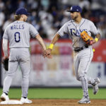 
              Tampa Bay Rays center fielder Jose Siri celebrates with shortstop Taylor Walls (0) the Rays defeated the New York Yankees in a baseball game on Monday, Aug. 15, 2022, in New York. The Rays won 4-0. (AP Photo/Adam Hunger)
            