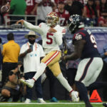 
              San Francisco 49ers quarterback Trey Lance (5) throws against the Houston Texans during the first half of an NFL football game Thursday, Aug. 25, 2022, in Houston. (AP Photo/Eric Christian Smith)
            