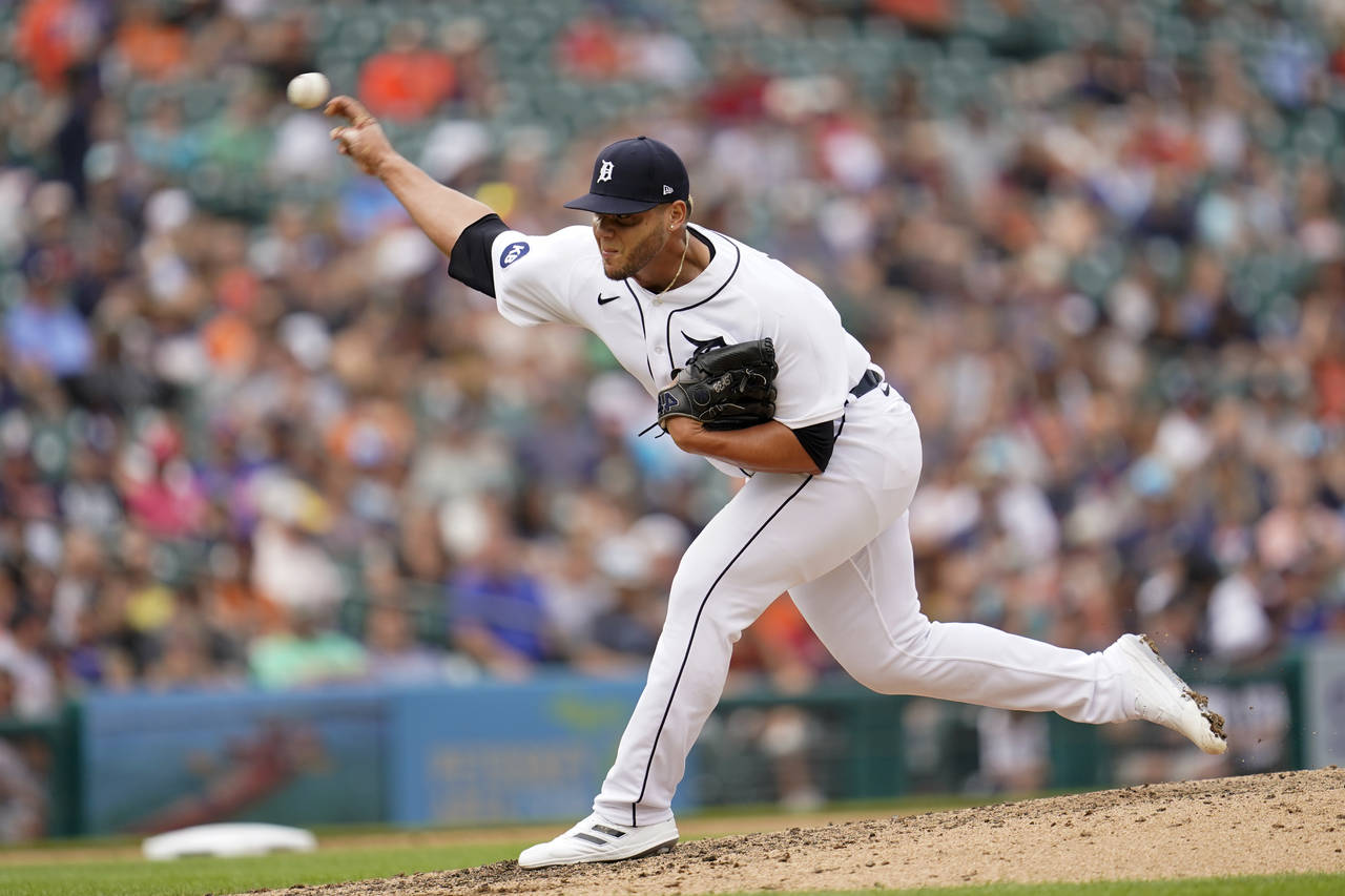 Detroit Tigers relief pitcher Joe Jimenez throws against the Los Angeles Angels in the eighth innin...