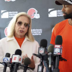 
              Cleveland Browns managing and principal partner Dee Haslam, left, speaks to the media, Thursday, Aug. 18, 2022, in Berea, Ohio, after the team announced that quarterback Deshaun Watson has reached a settlement with the NFL and will serve an 11-game unpaid suspension and pay a $5 million fine rather than risk missing his first season as quarterback of the Cleveland Browns following accusations of sexual misconduct while he played for the Houston Texans. The Browns general manager and executive vice president of football operations Andrew Berry listens at right. (Joshua Gunter/Cleveland.com via AP)
            