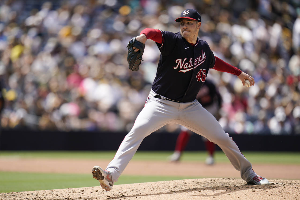 Washington Nationals starting pitcher Patrick Corbin works against a San Diego Padres batter during...