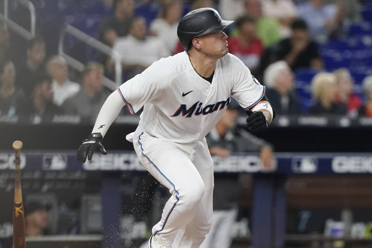 Miami Marlins' Nick Fortes (54) follows his home run into center field during the second inning of ...