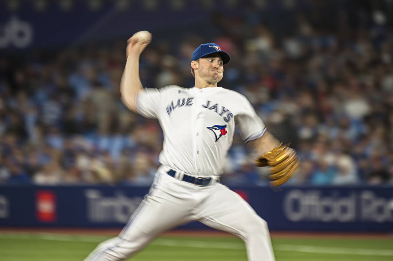 Toronto Blue Jays starting pitcher Ross Stripling (48) throws during second inning of a baseball ga...