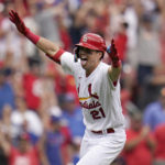 
              St. Louis Cardinals' Lars Nootbaar celebrates after hitting a walk-off single to score Nolan Arenado during the ninth inning in the first game of a baseball doubleheader against the Chicago Cubs Thursday, Aug. 4, 2022, in St. Louis. (AP Photo/Jeff Roberson)
            