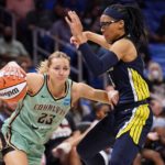 
              New York Liberty guard Marine Johannes (23) is defended by Dallas Wings guard Allisha Gray during the second half of a WNBA basketball game in Arlington, Texas, Wednesday, Aug. 10, 2022. (AP Photo/Tony Gutierrez)
            
