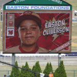 
              A picture of Mountain Region Champion Little League team member Easton Oliverson, from Santa Clara, Utah, is shown on the scoreboard at Volunteer Stadium during the opening ceremony of the 2022 Little League World Series baseball tournament in South Williamsport, Pa., Wednesday, Aug 17, 2022. Oliverson was injured when he fell out of a bunk bed at the dormitory complex. (AP Photo/Gene J. Puskar)
            