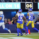 
              Los Angeles Chargers wide receiver Michael Bandy, left, scores a touchdown during the first half of a preseason NFL football game against the Los Angeles Rams, Saturday, Aug. 13, 2022, in Inglewood, Calif. (AP Photo/Ashley Landis)
            