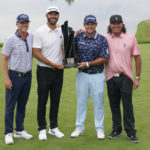 
              The "4 Aces" team poses for a picture after winning the team competition of the Bedminster Invitational LIV Golf tournament in Bedminster, N.J., Sunday, July 31, 2022. From left to right, Talor Gooch, Dustin Johnson. Patrick Reed, and Pat Perez. (AP Photo/Seth Wenig)
            