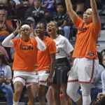 
              The Connecticut Sun bench celebrates a 3-pointer against the Dallas Wings during Game 1 of a WNBA basketball first-round playoff series Thursday, Aug. 18, 2022, in Uncasville, Conn. (Sean D. Elliot/The Day via AP)
            