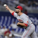 
              Cincinnati Reds' Hunter Strickland delivers a pitch during the ninth inning of a baseball game against the Miami Marlins, Monday, Aug. 1, 2022, in Miami. (AP Photo/Wilfredo Lee)
            