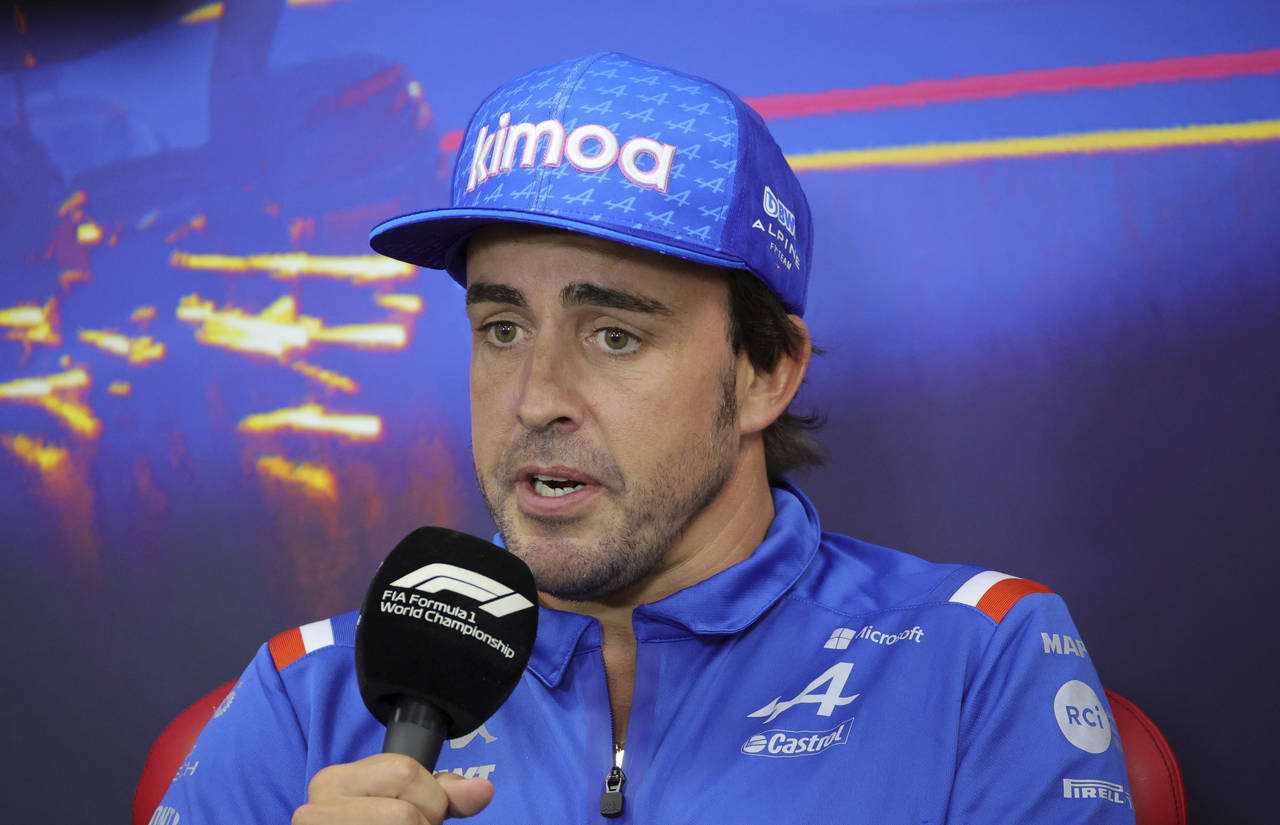 Alpine driver Fernando Alonso of Spain speaks during a media conference ahead of the Formula One Gr...