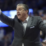 
              FILE - Kentucky coach John Calipari gestures during the second half of the team's NCAA college basketball game against LSU in Lexington, Ky., Feb. 23, 2022. Calipari's push for upgraded practice facilities for his Kentucky’s men’s basketball team drew a sharp jab from Wildcats football coach Mark Stoops on Twitter after Calipari referred to the university as a “basketball school” in an interview. (AP Photo/James Crisp, File)
            