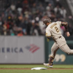 
              CORRECTS TO TWO-RUN, INSTEAD OF SOLO, HOME RUN - San Diego Padres' Trent Grisham runs the bases after hitting a two-run home run against the San Francisco Giants during the seventh inning of a baseball game in San Francisco, Tuesday, Aug. 30, 2022. (AP Photo/Godofredo A. Vásquez)
            