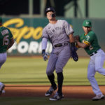 
              Oakland Athletics shortstop Nick Allen (2) tags out New York Yankees' Aaron Judge, second from left, who was picked off on a throw from Adam Oller during the first inning of a baseball game in Oakland, Calif., Saturday, Aug. 27, 2022. (AP Photo/Godofredo A. Vásquez)
            