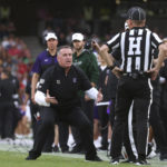 
              Northwestern head coach Pat Fitzgerald reacts to a call during the first half of an NCAA college football game against Nebraska, Saturday, Aug. 27, 2022, at Aviva Stadium in Dublin, Ireland. (AP Photo/Peter Morrison)
            