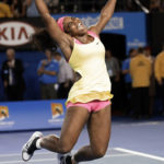 
              FILE - Serena Williams of the U.S. celebrates after defeating Maria Sharapova of Russia in the women's singles final at the Australian Open tennis championship in Melbourne, Australia, Saturday, Jan. 31, 2015. Saying “the countdown has begun,” 23-time Grand Slam champion Serena Williams said Tuesday, Aug. 9, 2022, she is ready to step away from tennis so she can turn her focus to having another child and her business interests, presaging the end of a career that transcended sports. (AP Photo/Bernat Armangue, File)
            