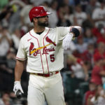 
              St. Louis Cardinals' Albert Pujols reacts after lining out during the eighth inning of a baseball game against the Atlanta Braves Saturday, Aug. 27, 2022, in St. Louis. (AP Photo/Jeff Roberson)
            