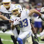 
              Los Angeles Chargers wide receiver Michael Bandy (83) runs up field during the first half of a preseason NFL football game against the New Orleans Saints in New Orleans, Friday, Aug. 26, 2022. (AP Photo/Butch Dill)
            