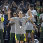 
              Seattle Storm guard Sue Bird (10) is honored before the team's WNBA basketball game against the Minnesota Lynx on Friday, Aug. 12, 2022, in Minneapolis. (Elizabeth Flores/Star Tribune via AP)
            