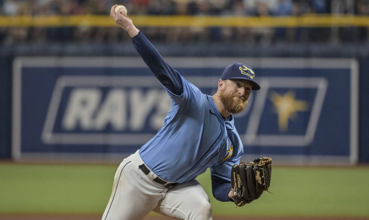 Tampa Bay Rays starter Drew Rasmussen pitches against the Baltimore Orioles during the eighth innin...