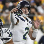 
              Seattle Seahawks quarterback Drew Lock (2) throws a pass against the Pittsburgh Steelers during the second half of an NFL preseason football game Saturday, Aug. 13, 2022, in Pittsburgh. (AP Photo/Barry Reeger)
            